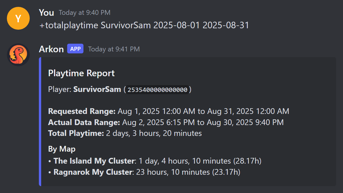 A Playtime Report between two dates