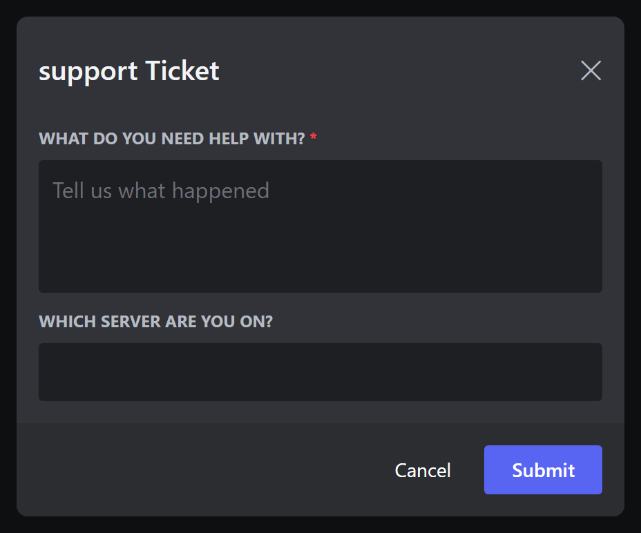 The form a player fills out before a ticket opens