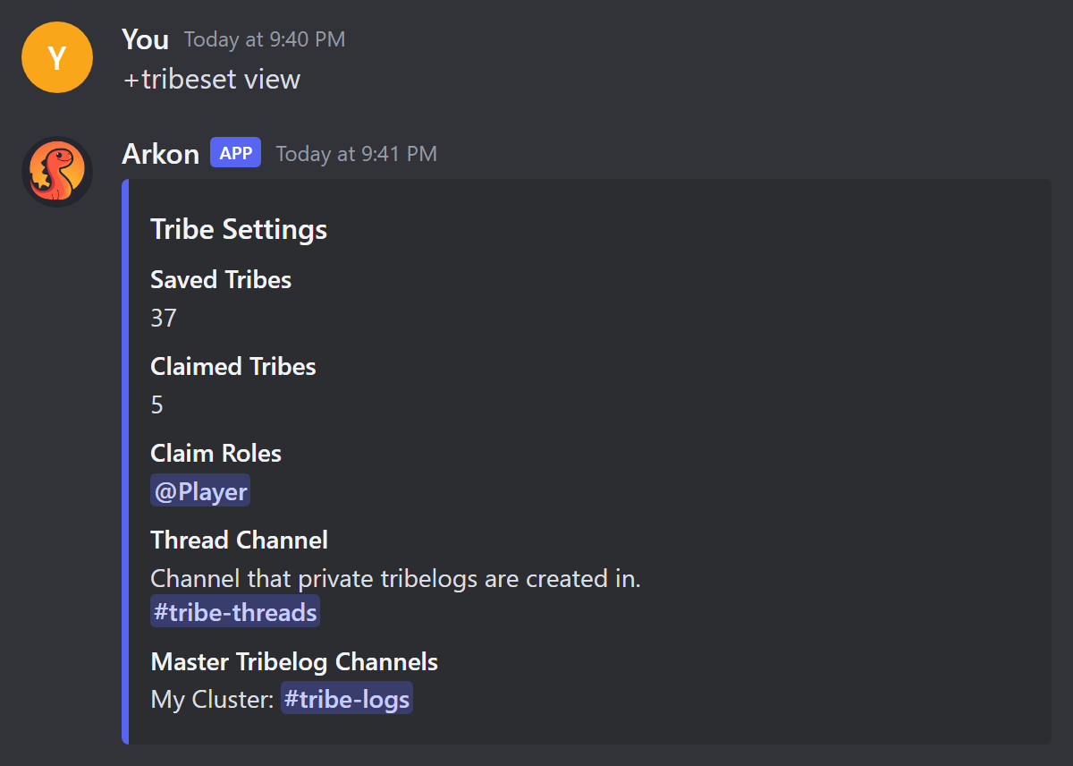 The Tribe Settings embed from +tribeset view