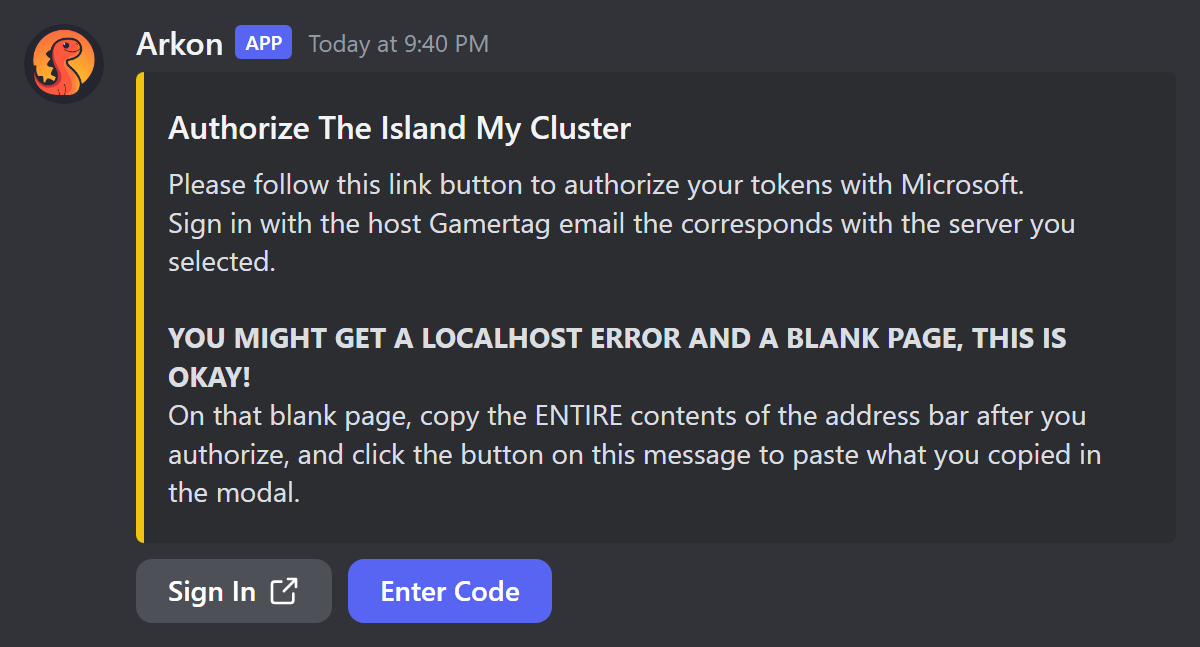 The Authorize message with Sign In and Enter Code buttons